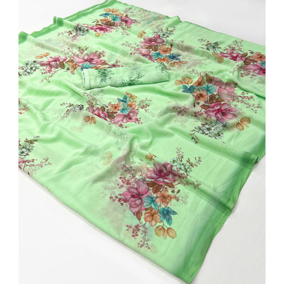 Light Green Floral Digital Printed Georgette Saree