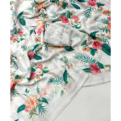 White Floral Digital Printed Georgette Saree