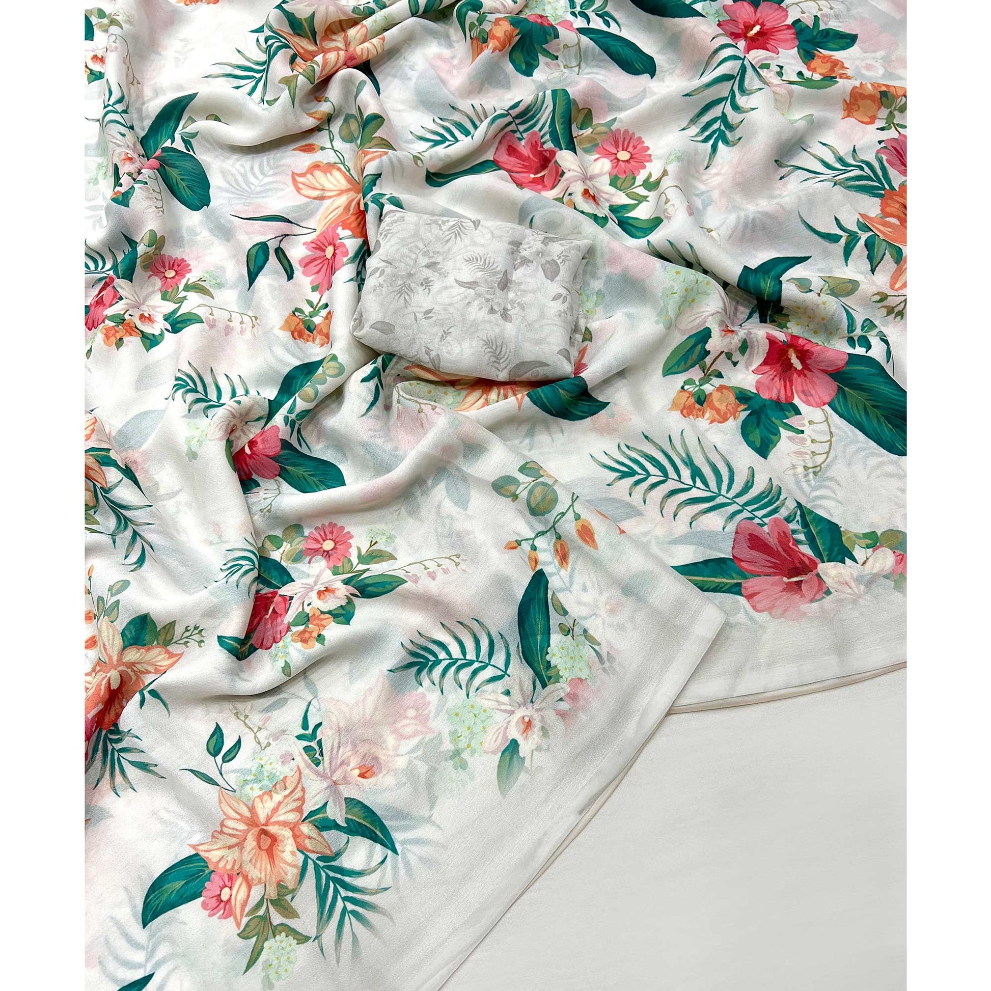 White Floral Digital Printed Georgette Saree