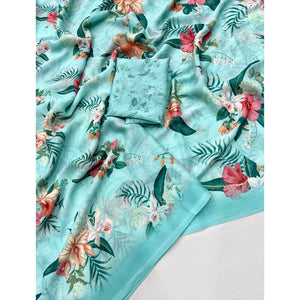 Turquoise Floral Digital Printed Georgette Saree