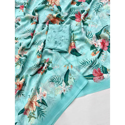 Turquoise Floral Digital Printed Georgette Saree