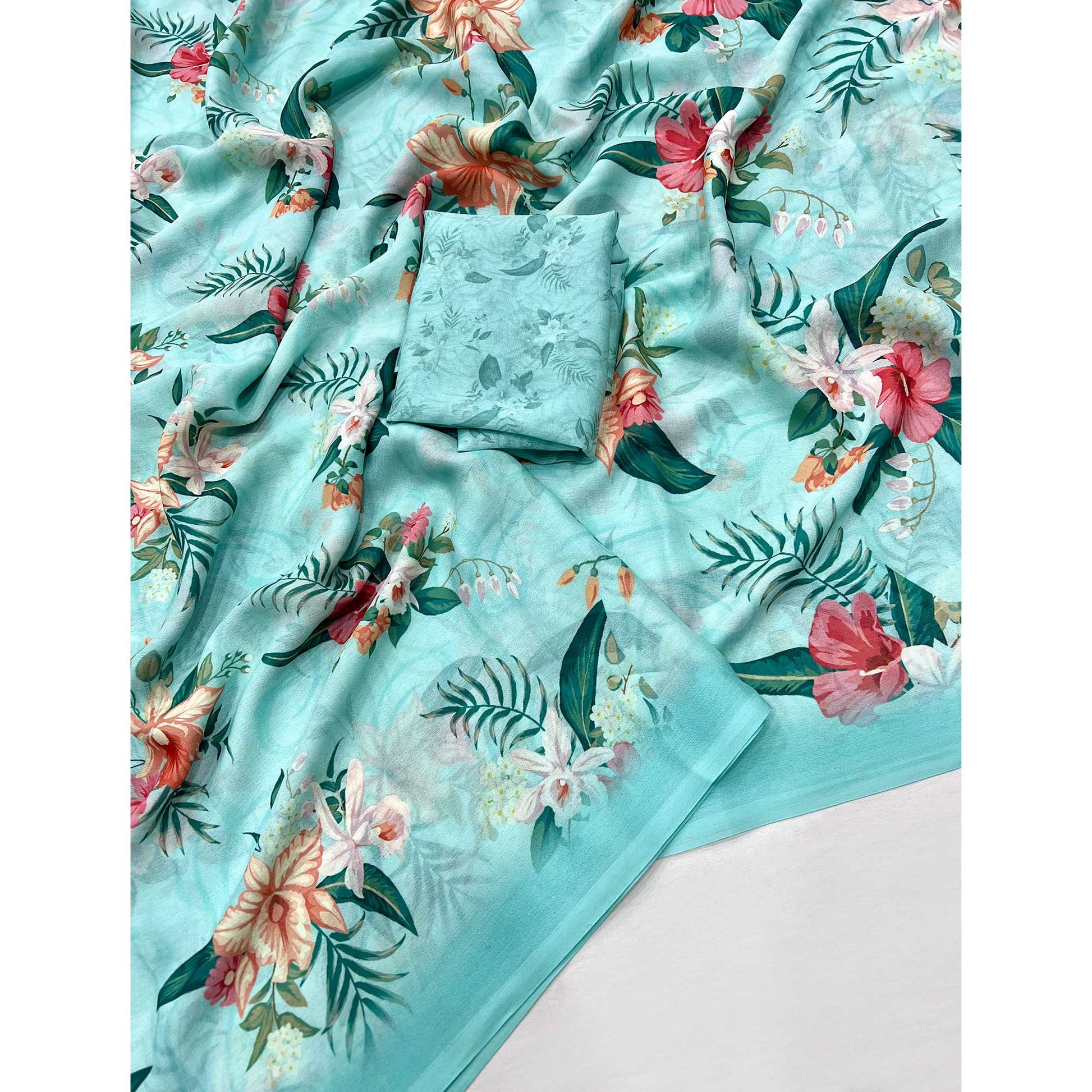 Turquoise Floral Digital Printed Georgette Saree