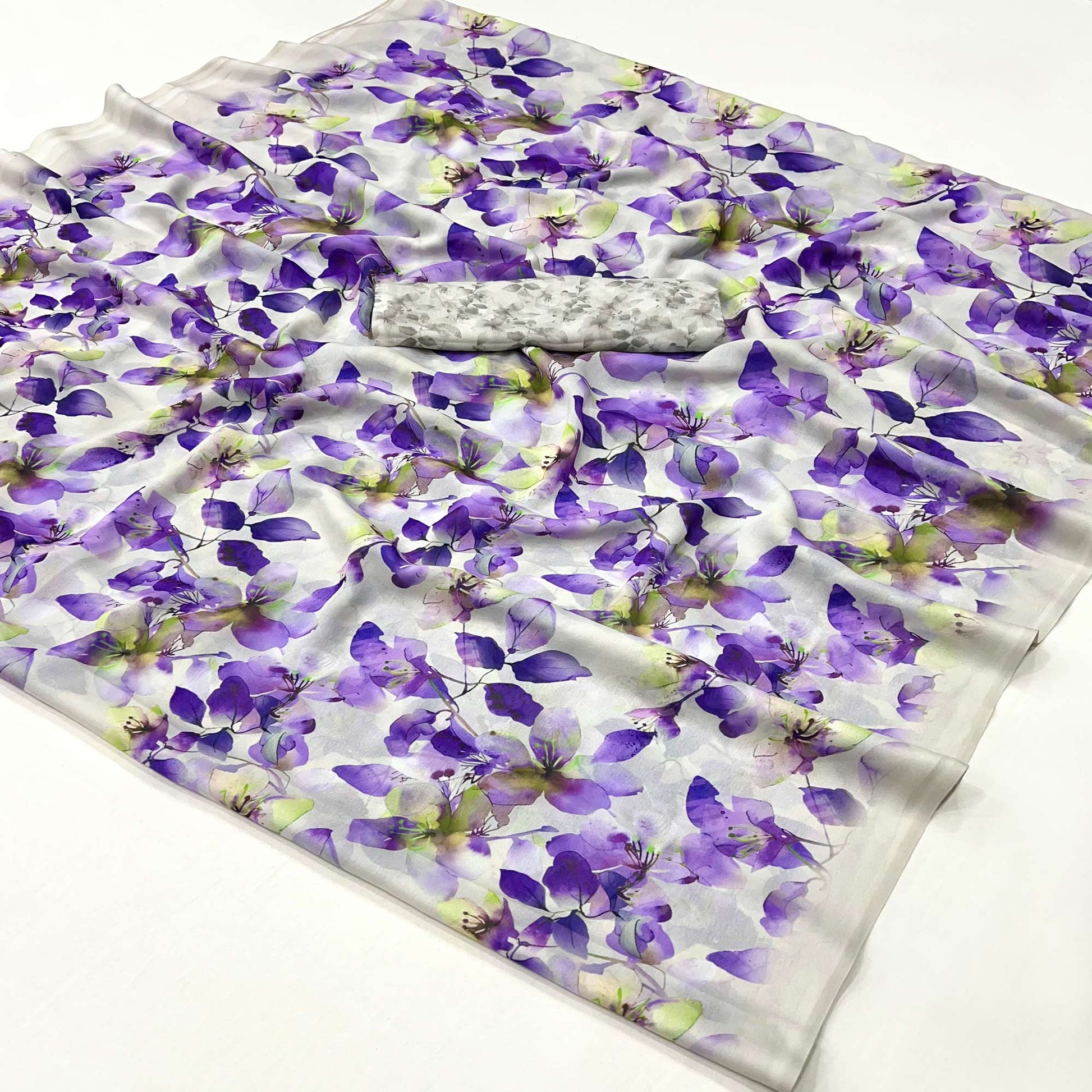 White & Purple Floral Digital Printed Georgette Saree