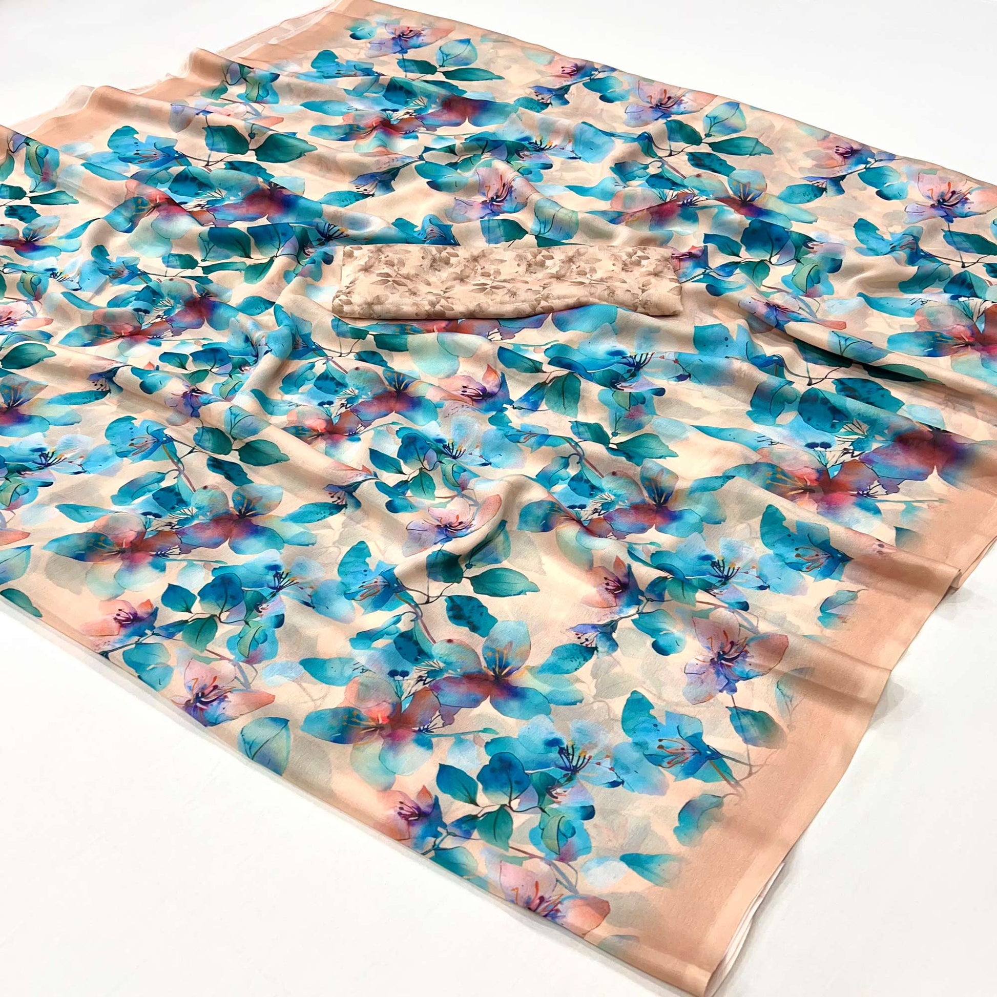 Peach & Blue Floral Digital Printed Georgette Saree