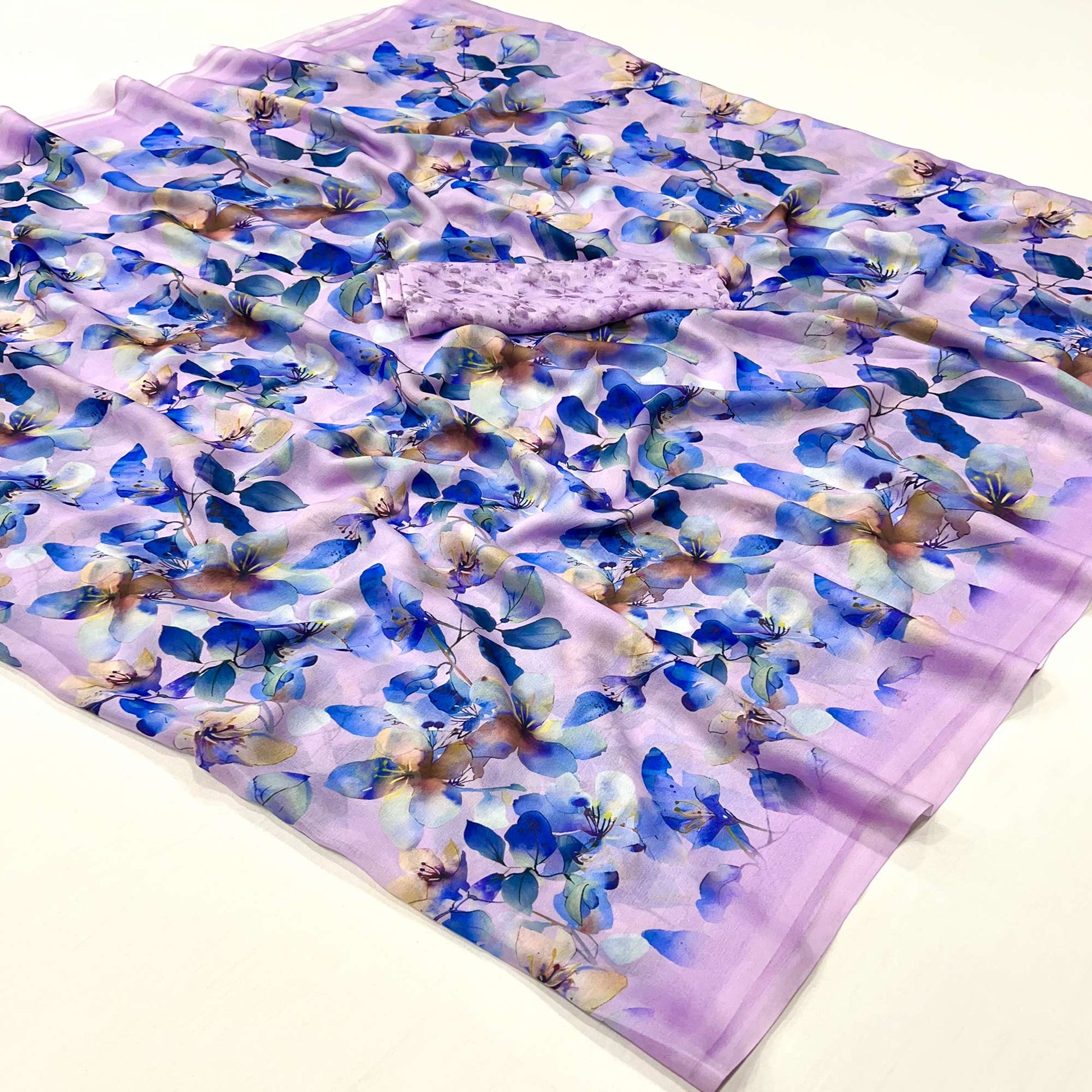 Lavender & Blue Floral Digital Printed Georgette Saree