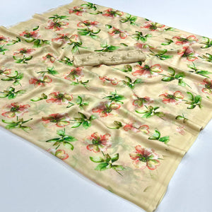 Cream Floral Digital Printed Georgette Saree