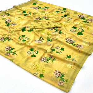 Lemon Yellow Floral Digital Printed Georgette Saree