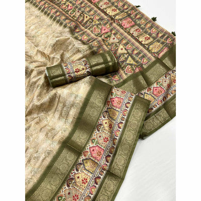 Mehendi Green Floral Woven With Digital Printed Art Silk Saree