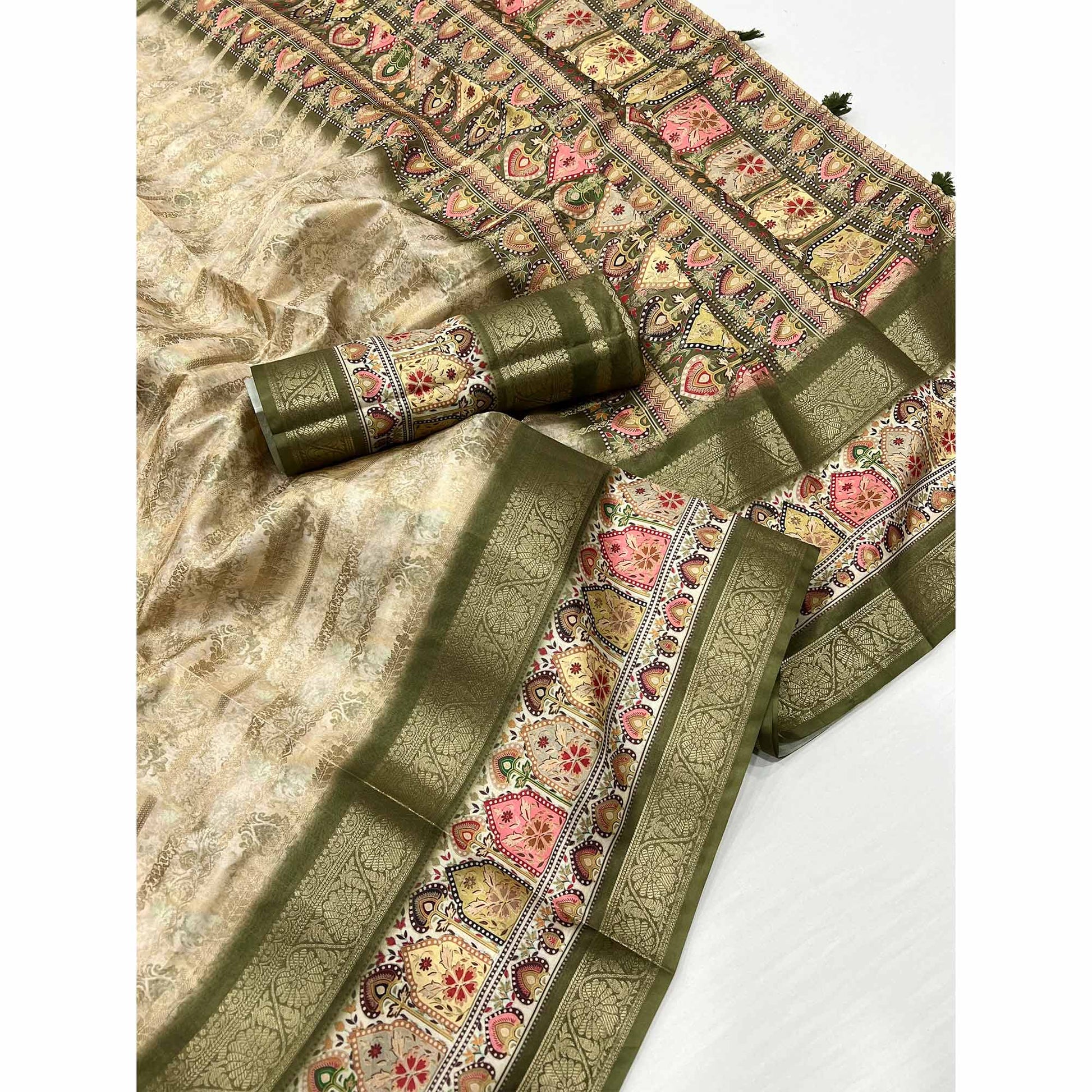 Mehendi Green Floral Woven With Digital Printed Art Silk Saree