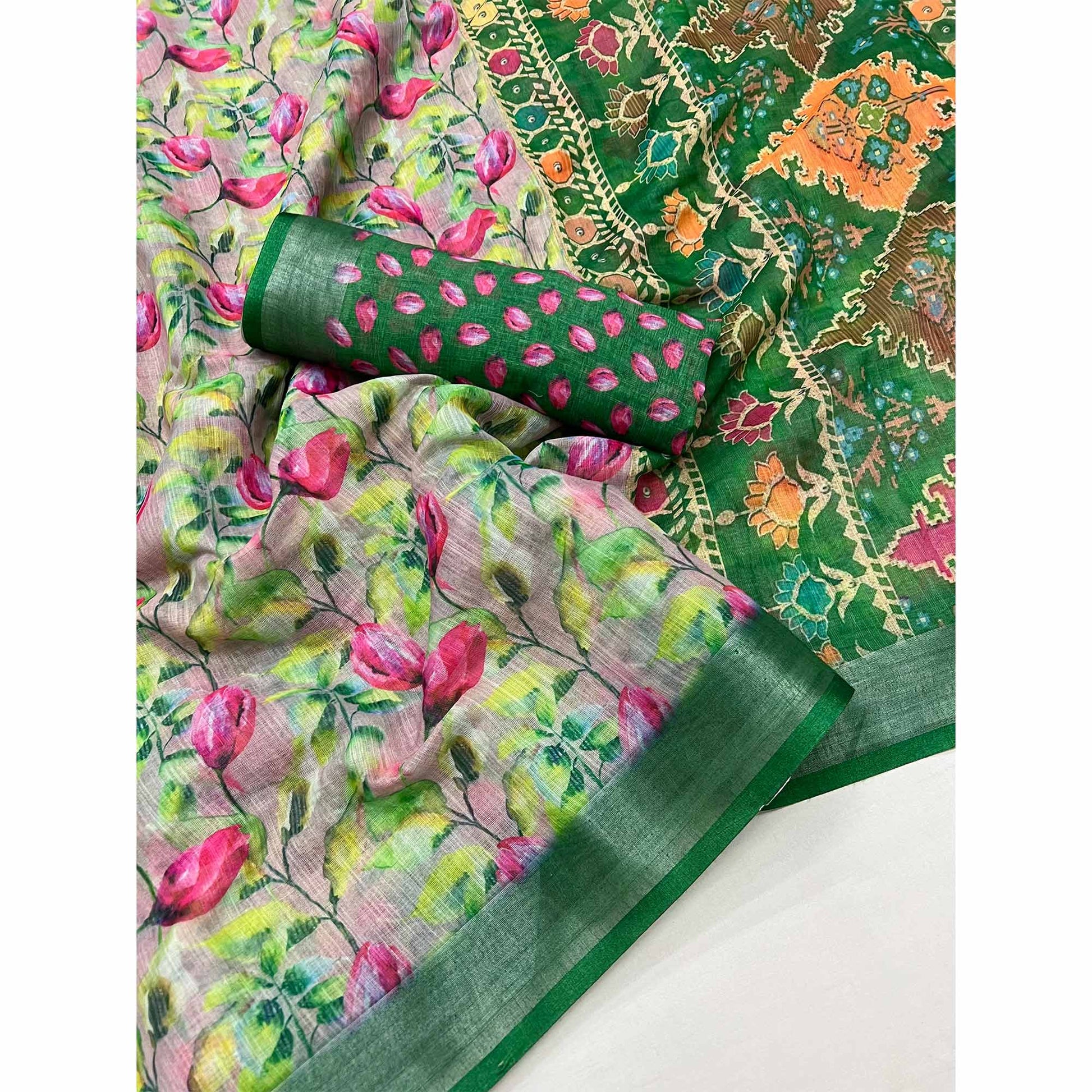 green-floral-digital-printed-linen-saree-with-zari-border