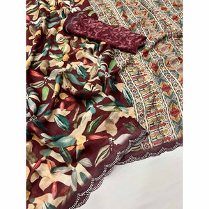 Maroon Floral Digital Printed Georgette Saree With Zarkan Border