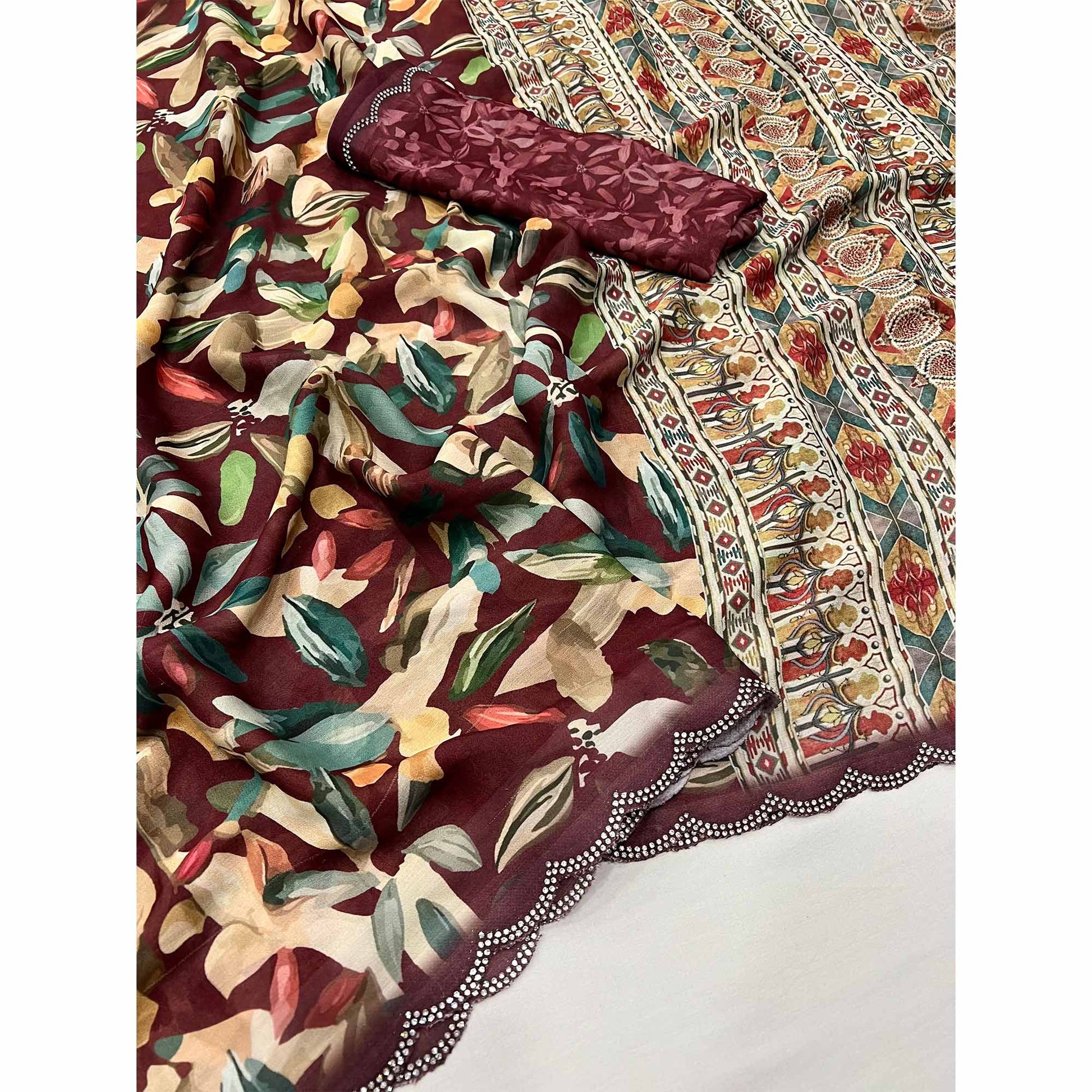 Maroon Floral Digital Printed Georgette Saree With Zarkan Border