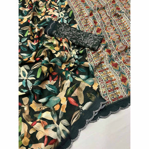 Bottle Green Floral Digital Printed Georgette Saree With Zarkan Border