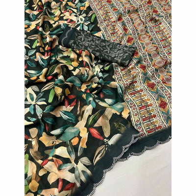 Bottle Green Floral Digital Printed Georgette Saree With Zarkan Border