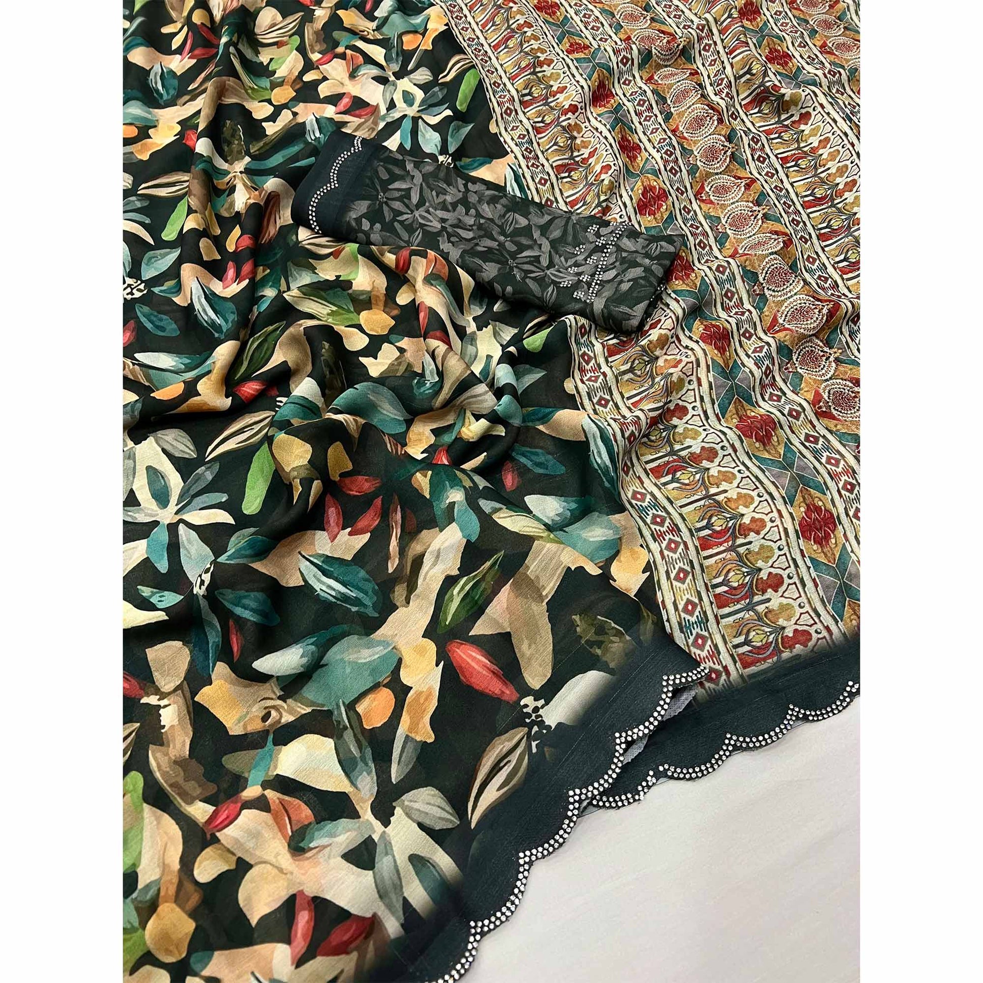 Bottle Green Floral Digital Printed Georgette Saree With Zarkan Border