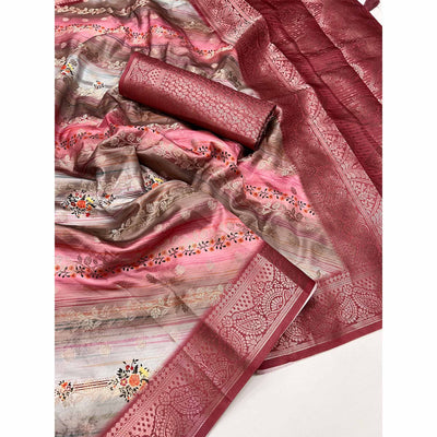 Gajari Pink Floral Woven With Digital Printed Art Silk Saree