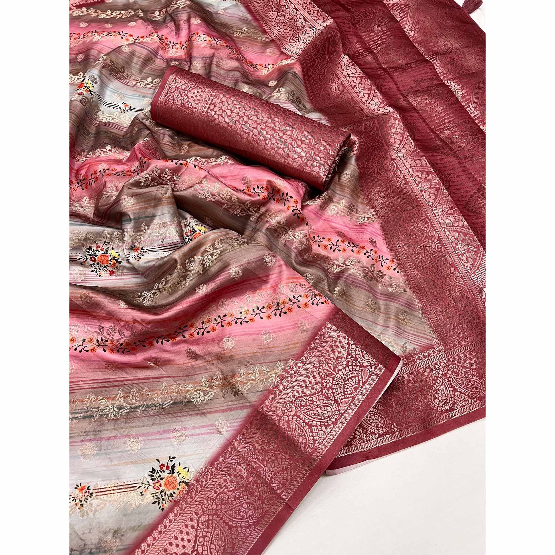 Gajari Pink Floral Woven With Digital Printed Art Silk Saree