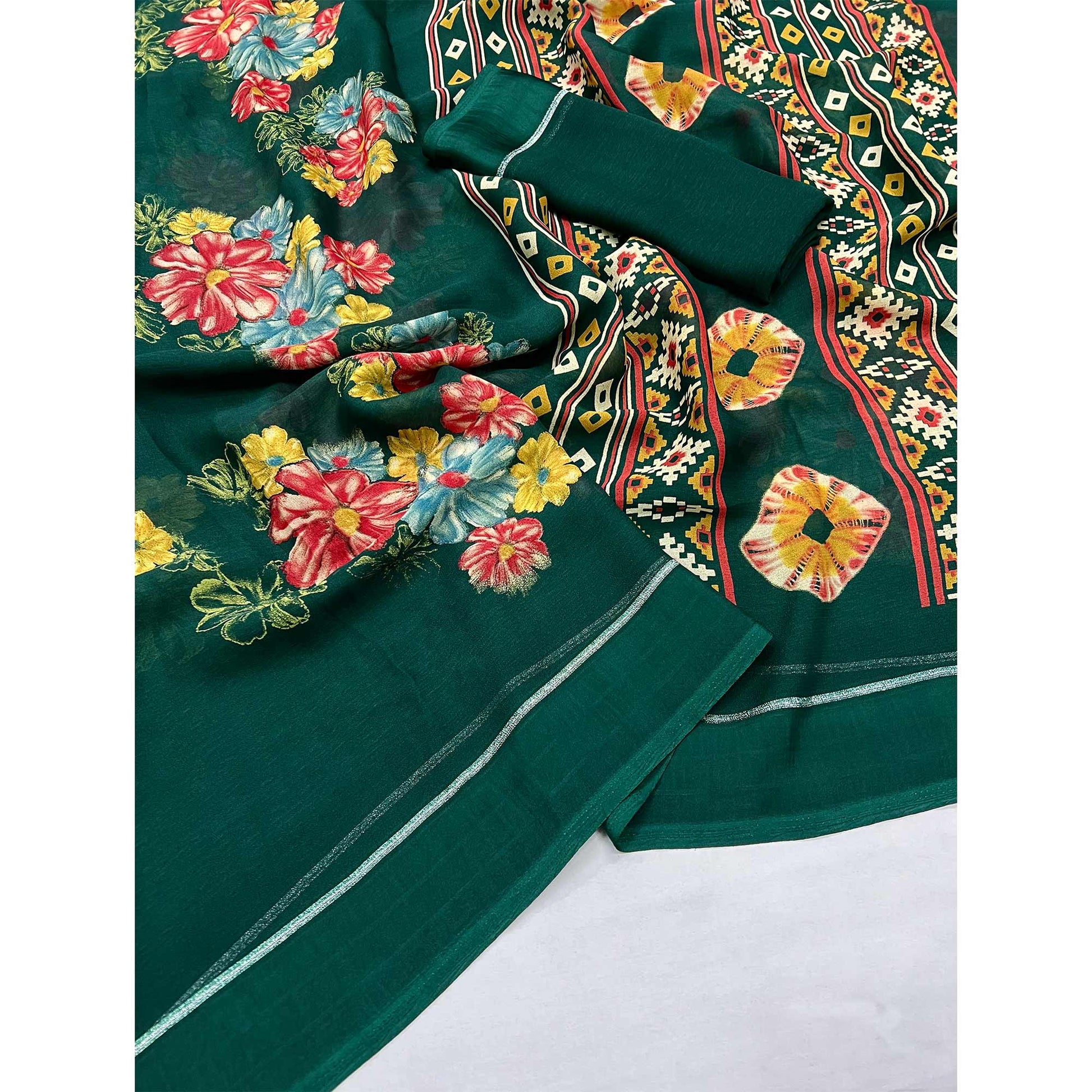green-floral-printed-georgette-saree-with-fancy-zari-border