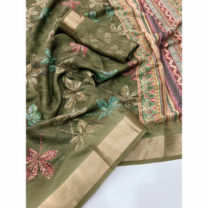 Mehendi Green Floral Digital Printed Georgette Saree With Zari Border