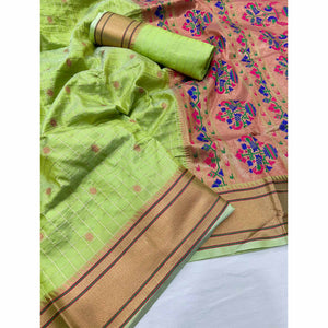 green-floral-woven-zari-checks-art-silk-saree