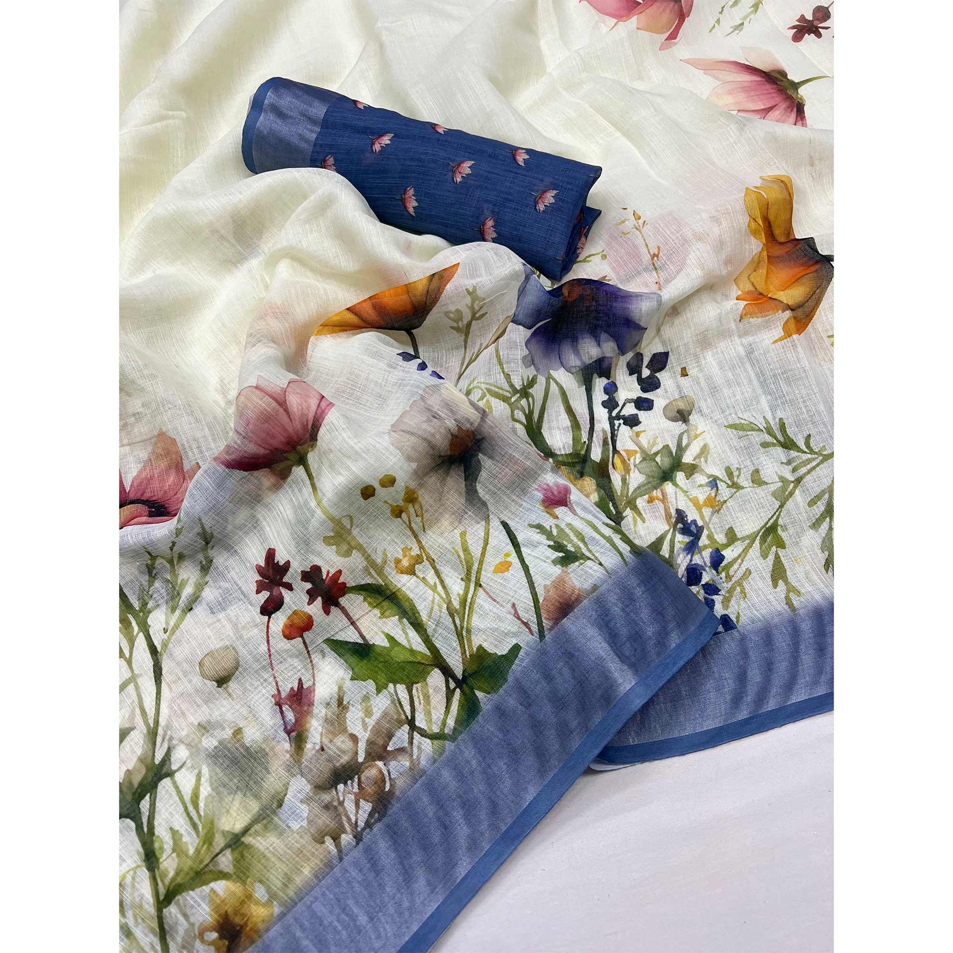 Cream & Blue Floral Digital Printed Linen Saree With Zari Border