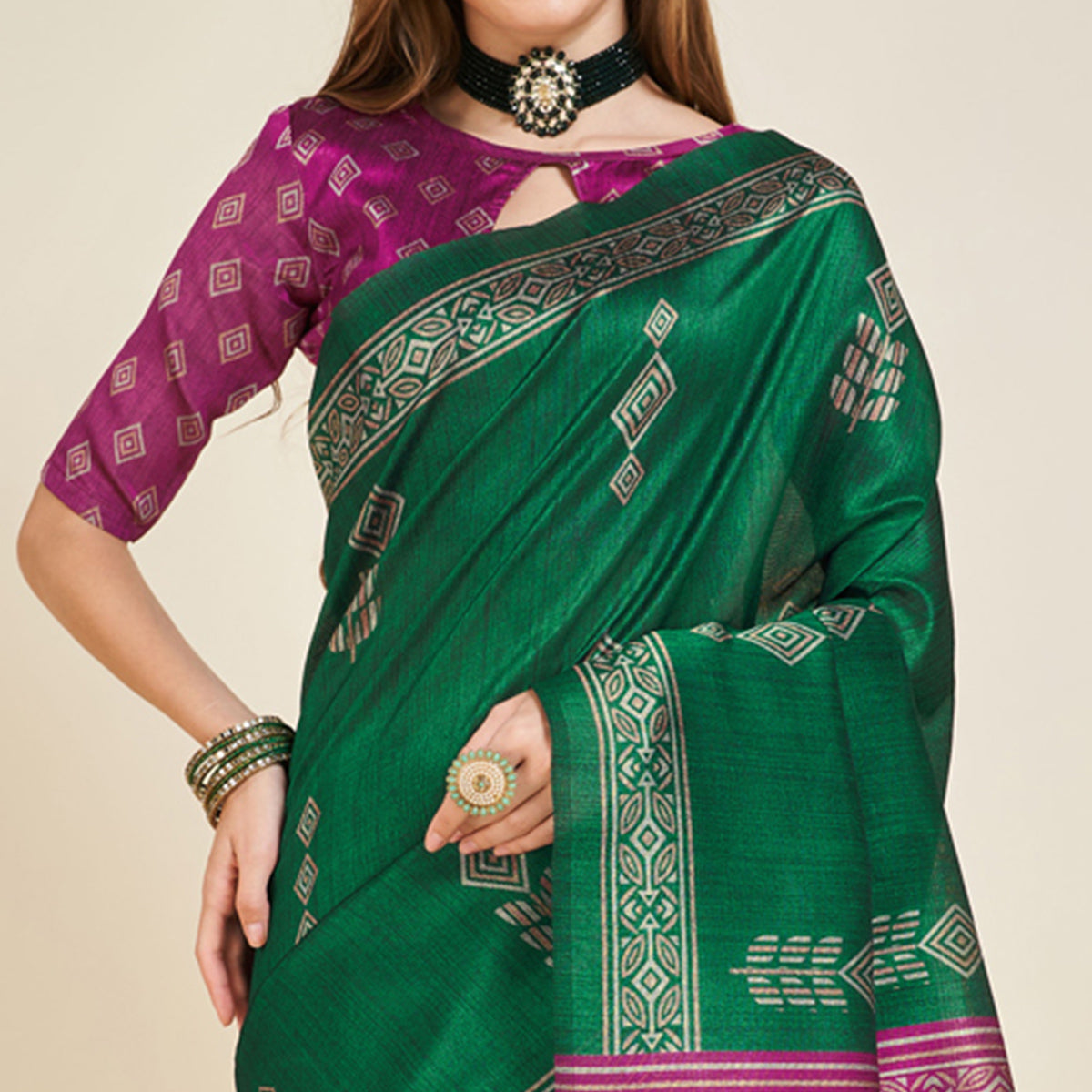 green-digital-printed-bhagalpuri-silk-saree-with-tassels
