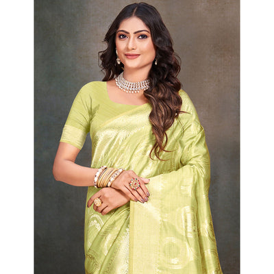 Light Green Floral Woven Cotton Silk Saree With Tassels