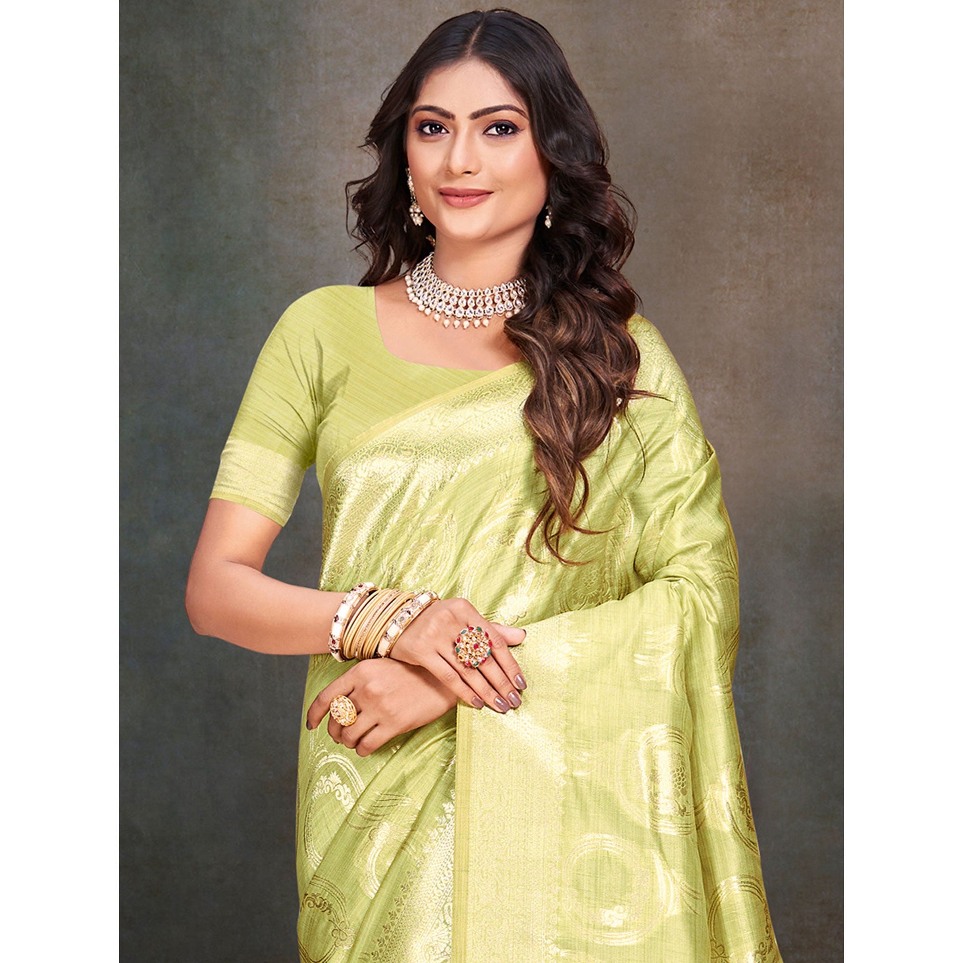 Light Green Floral Woven Cotton Silk Saree With Tassels