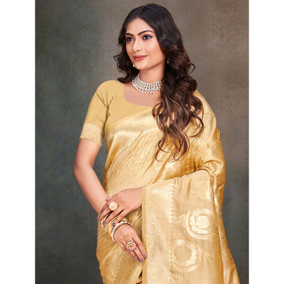 Cream Floral Woven Cotton Silk Saree With Tassels