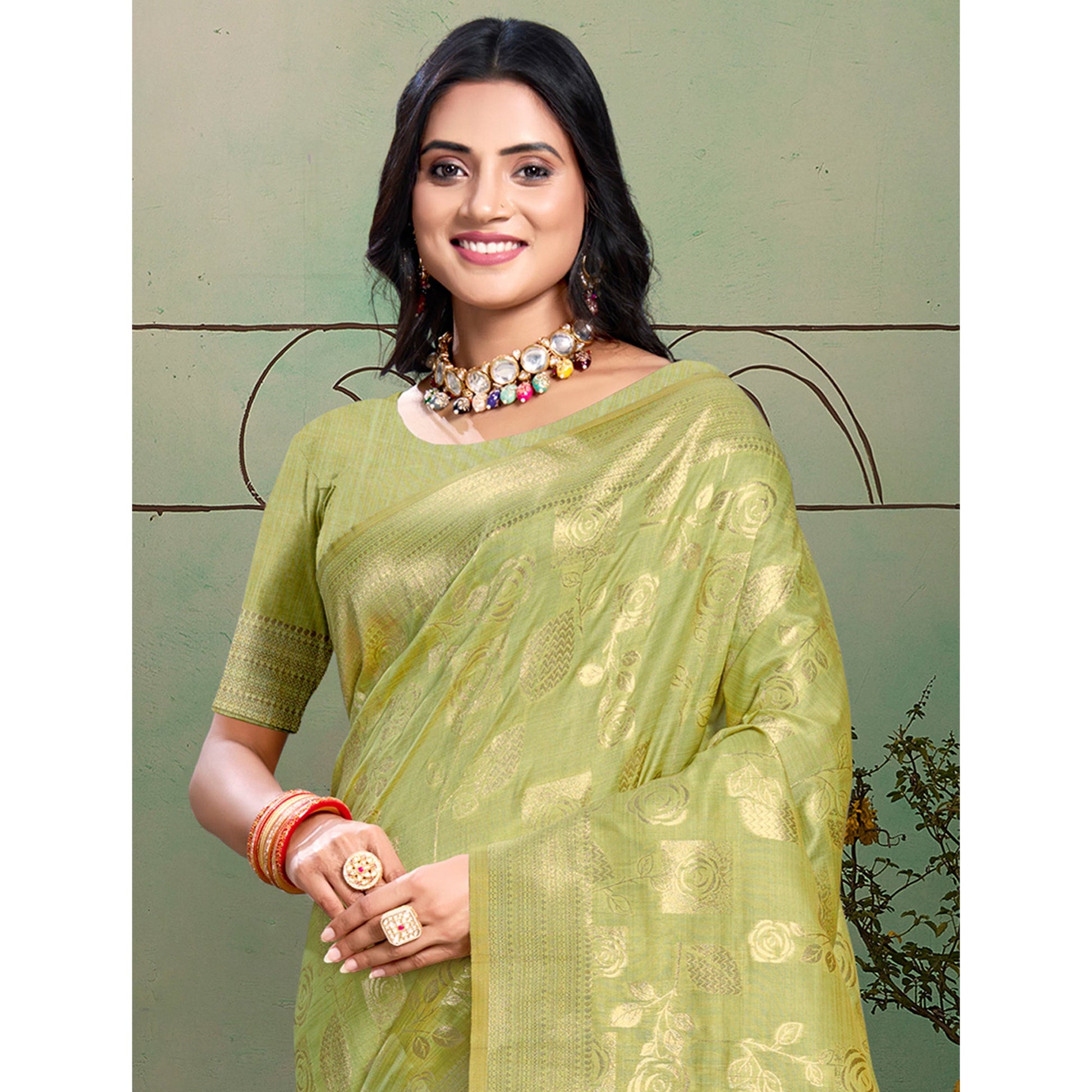 green-floral-woven-cotton-silk-saree-with-tassels-7