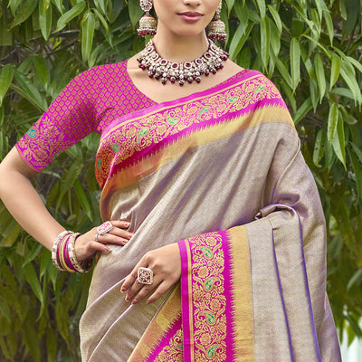 Grey Zari Weaving Organza Saree