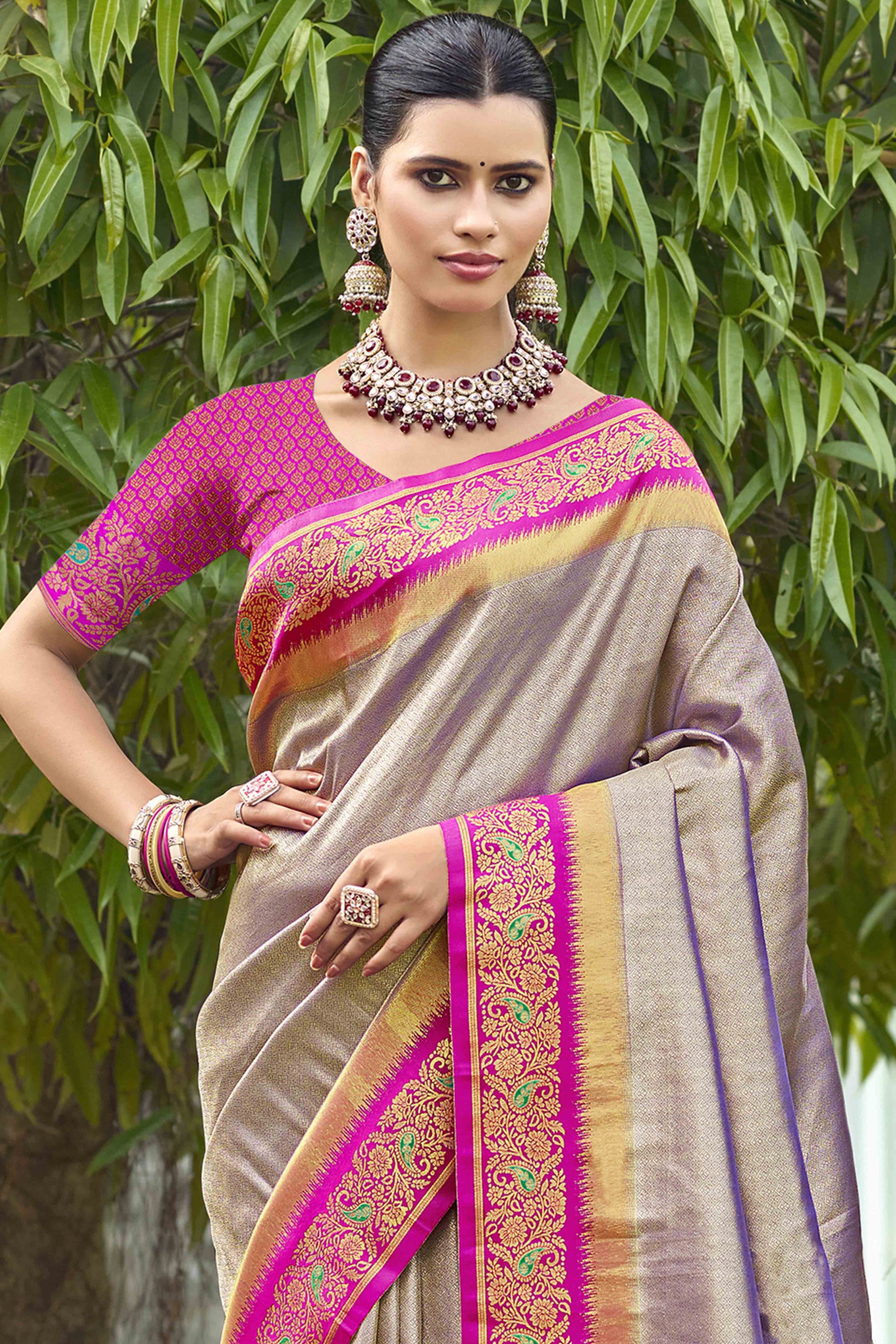 Grey Zari Weaving Organza Saree