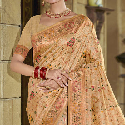 Cream Floral Zari Woven Cotton Silk Saree
