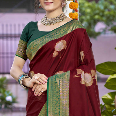 Maroon Floral Woven Banarasi Silk Saree With Tassels