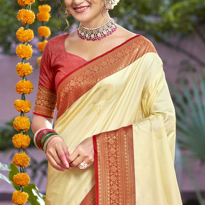 Cream Floral Woven Banarasi Silk Saree With Tassels