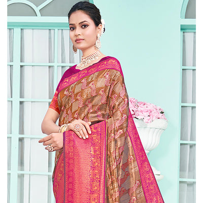 Brown & Rani Pink Woven Cotton Silk Saree With Tassels