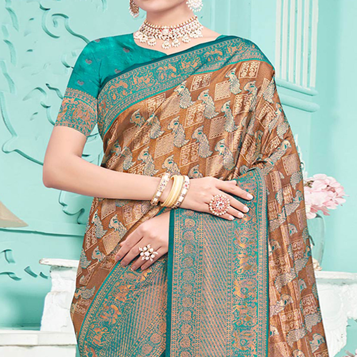 Brown & Rama Green Woven Cotton Silk Saree With Tassels