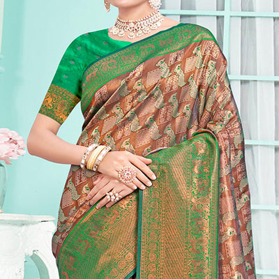 Brown & Green Woven Cotton Silk Saree With Tassels