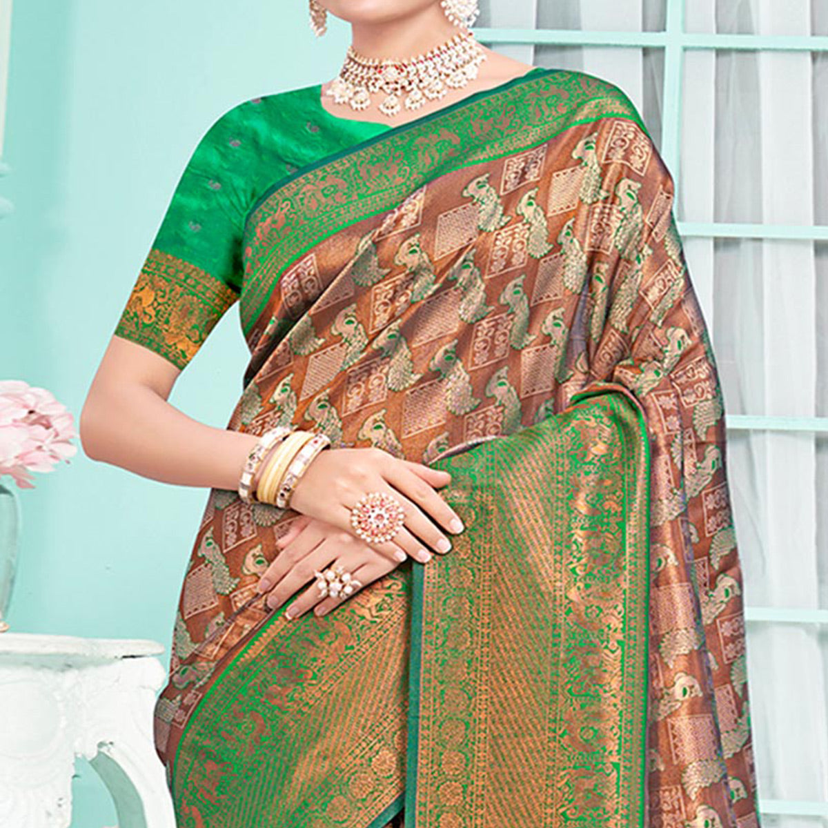 Brown & Green Woven Cotton Silk Saree With Tassels