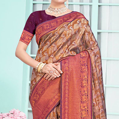 Brown & Purple Woven Cotton Silk Saree With Tassels