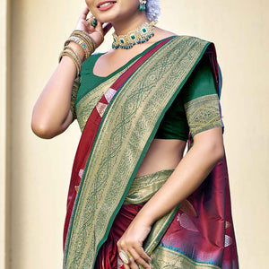 Maroon Woven Banarasi Silk Saree With Tassels