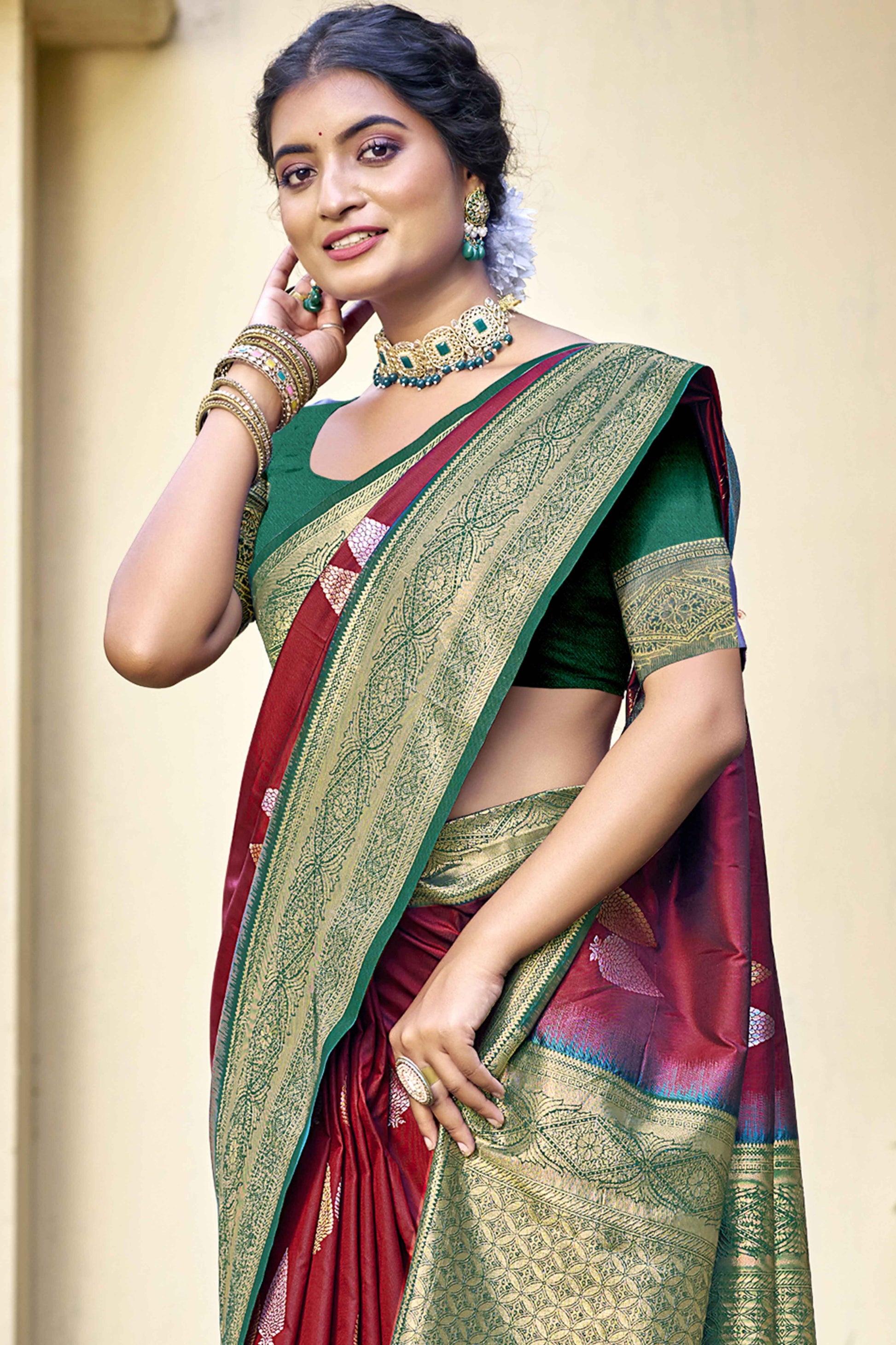 Maroon Woven Banarasi Silk Saree With Tassels