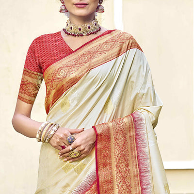 Cream Woven Banarasi Silk Saree With Tassels