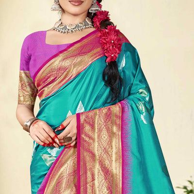 Blue Woven Banarasi Silk Saree With Tassels