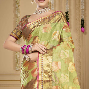 Light Green Floral Woven Organza Saree With Tassels