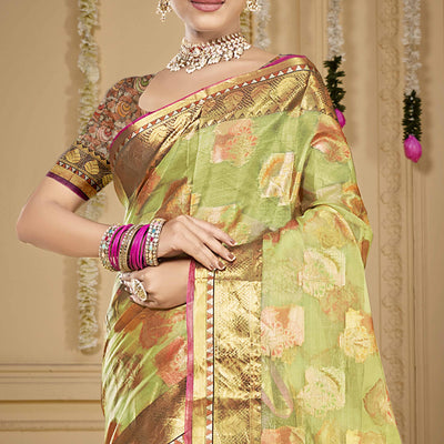 Light Green Floral Woven Organza Saree With Tassels