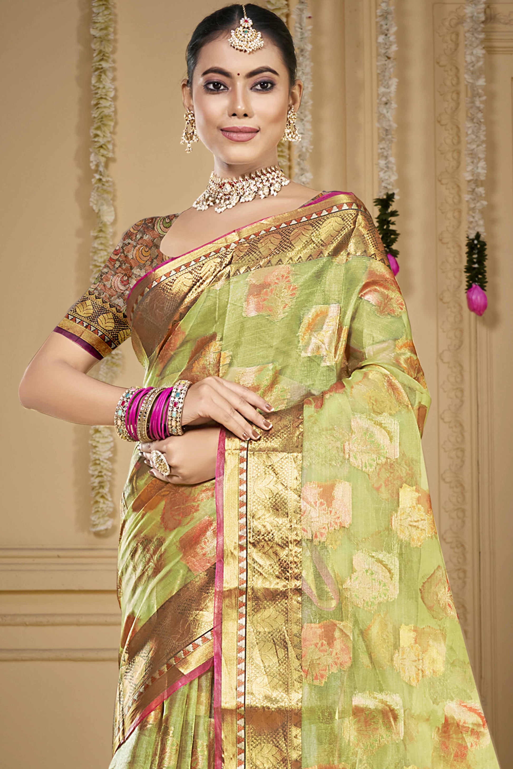 Light Green Floral Woven Organza Saree With Tassels