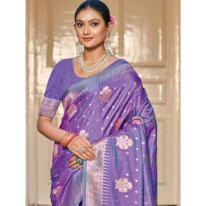 Lavender Floral Woven Banarasi Silk Saree With Tassels