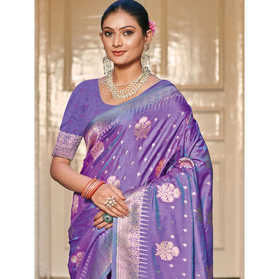 Lavender Floral Woven Banarasi Silk Saree With Tassels