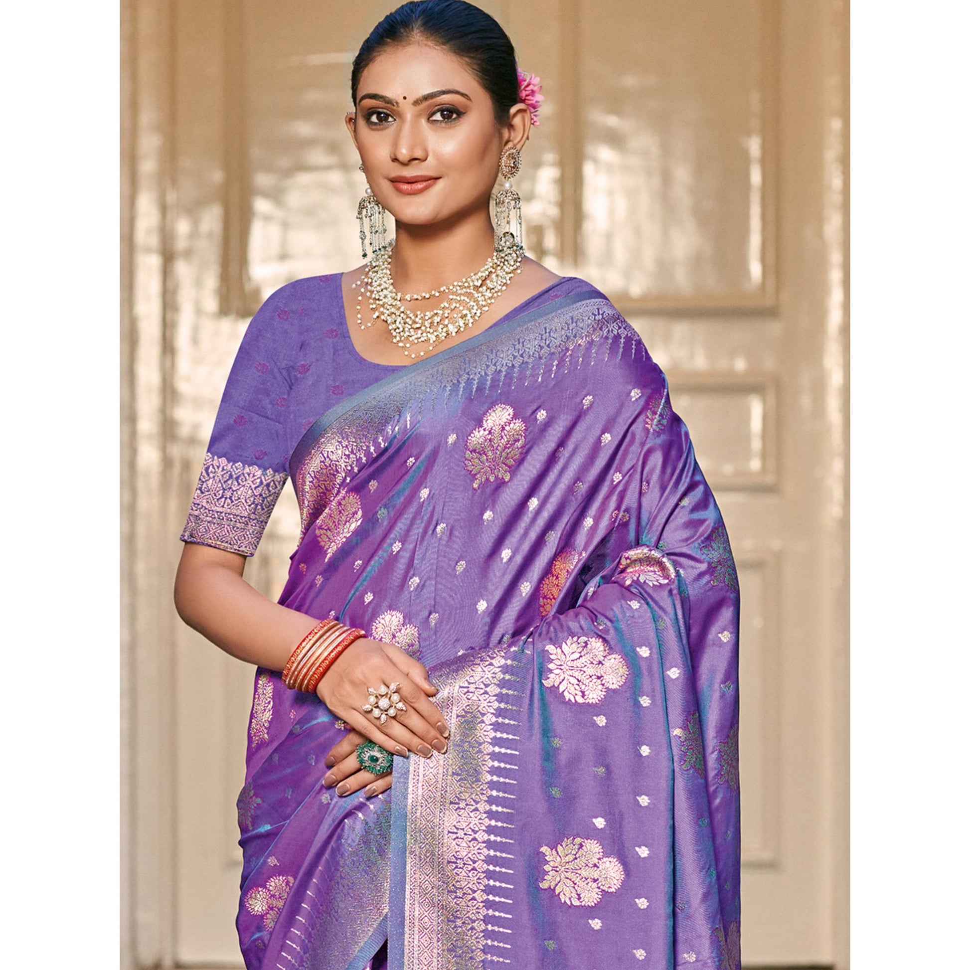 Lavender Floral Woven Banarasi Silk Saree With Tassels